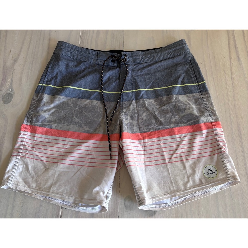 Billabong‎ Mens Board Shorts Size 33 Gray Red Striped Swim Trunks M109CSPI